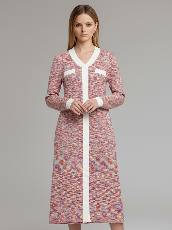 Женское платье миди из многоцветного твидового трикотажа с контрастной отделкой - Классический элегантный дизайн на заказ