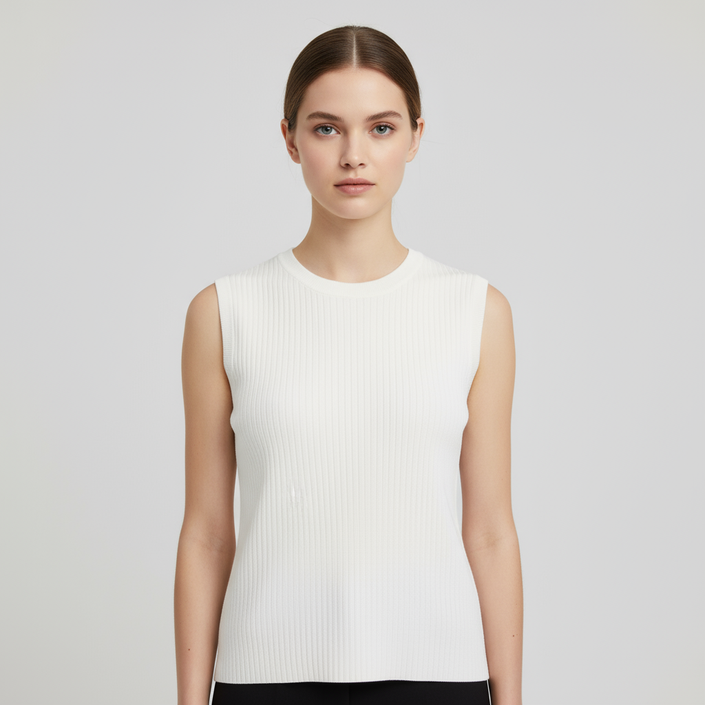 Женский белый трикотажный топ без рукавов с круглым вырезом в рубчик - индивидуальный минималистский дизайн