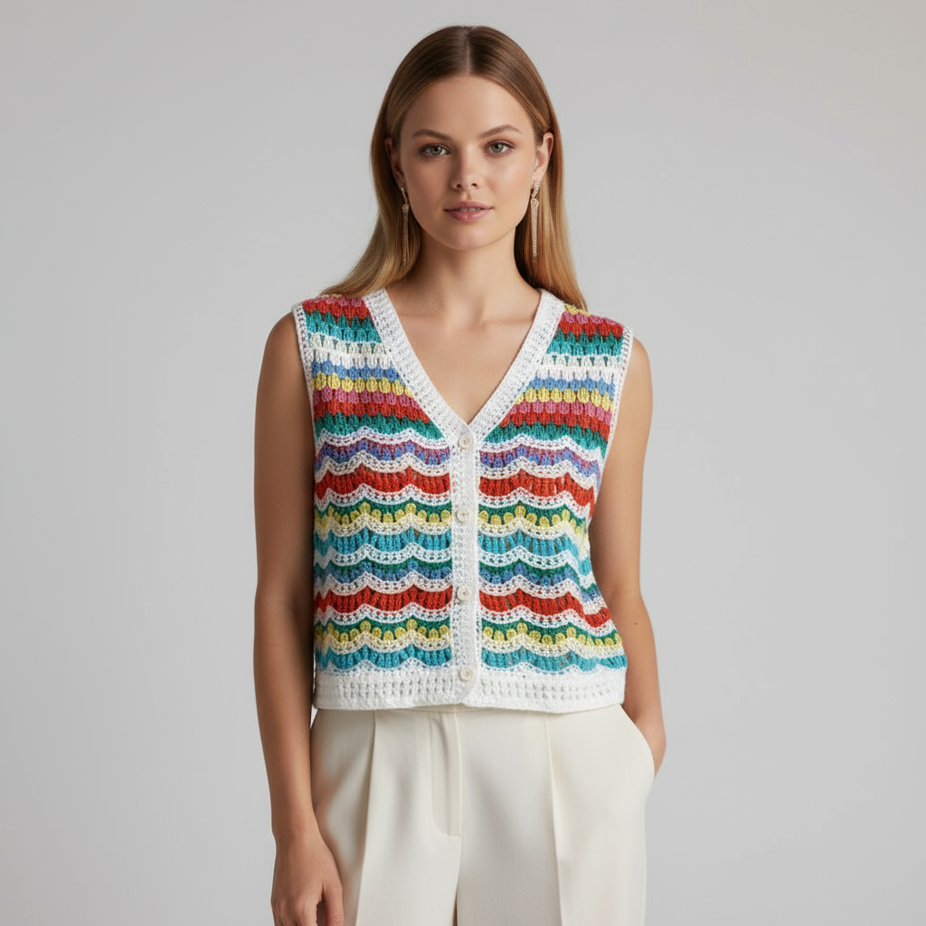 Женский вязаный крючком жилет без рукавов с радужным шевроном - индивидуальный ажурный дизайн в богемном стиле
