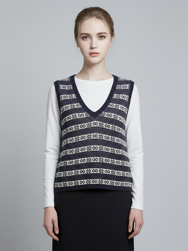 Женский вязаный топ без рукавов с V-образным вырезом и рисунком Fair Isle темно-синего цвета - индивидуальный элегантный дизайн