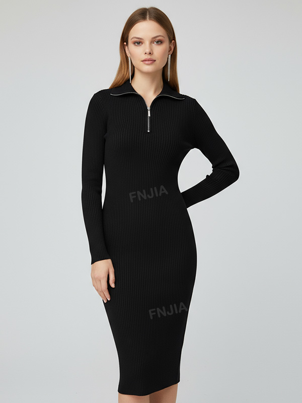 Женское черное миди-платье в рубчик на молнии до половины длины - элегантный современный дизайн на заказ