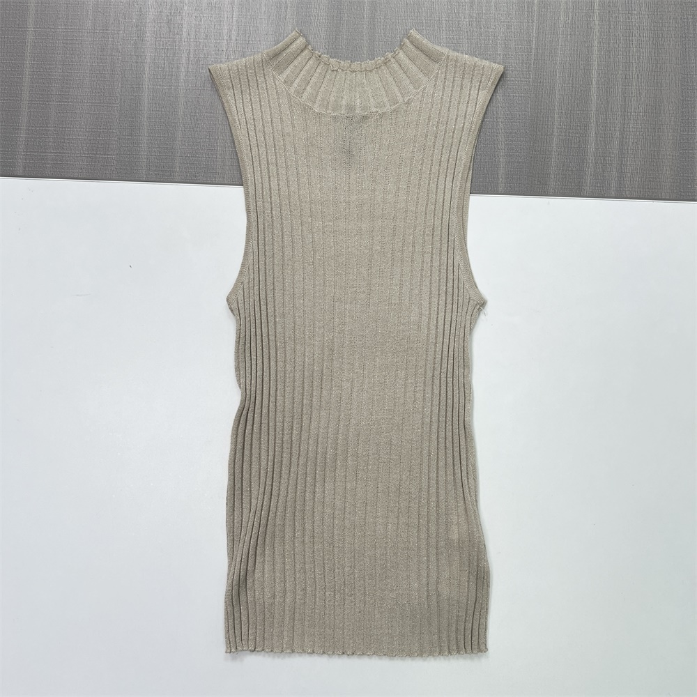 Женский бежевый трикотажный топ без рукавов с имитацией выреза в рубчик - индивидуальный приталенный дизайн