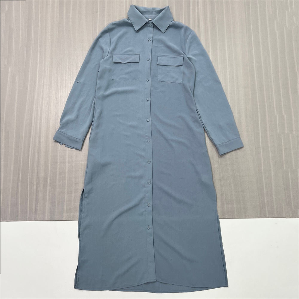 Женское платье-рубашка пыльно-синего цвета с нагрудными карманами - индивидуальный непринужденный элегантный дизайн