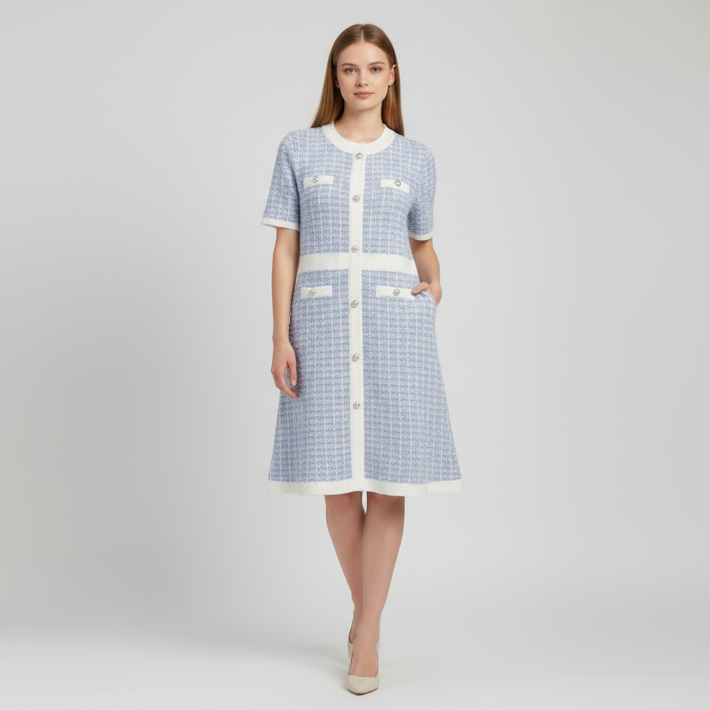 Женское светло-голубое твидовое платье миди в клетку с пуговицами спереди - классический элегантный дизайн на заказ