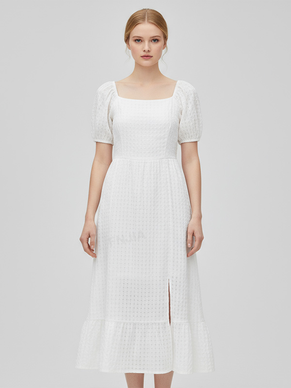 Женское белое текстурированное платье миди с квадратным вырезом и пышными рукавами - индивидуальный романтический элегантный дизайн