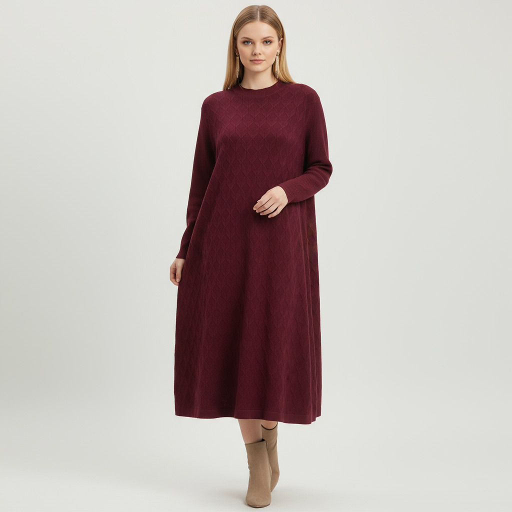 Женское платье макси оверсайз из бордового трикотажа с ромбами - индивидуальный уютный текстурный дизайн