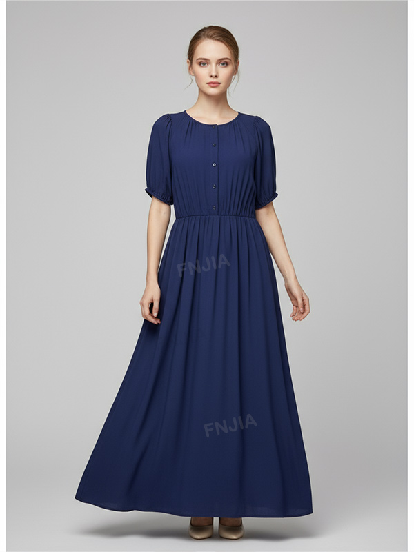 Женское макси-платье темно-синего цвета с присборенной талией и пышными рукавами - индивидуальный элегантный Универсальный дизайн