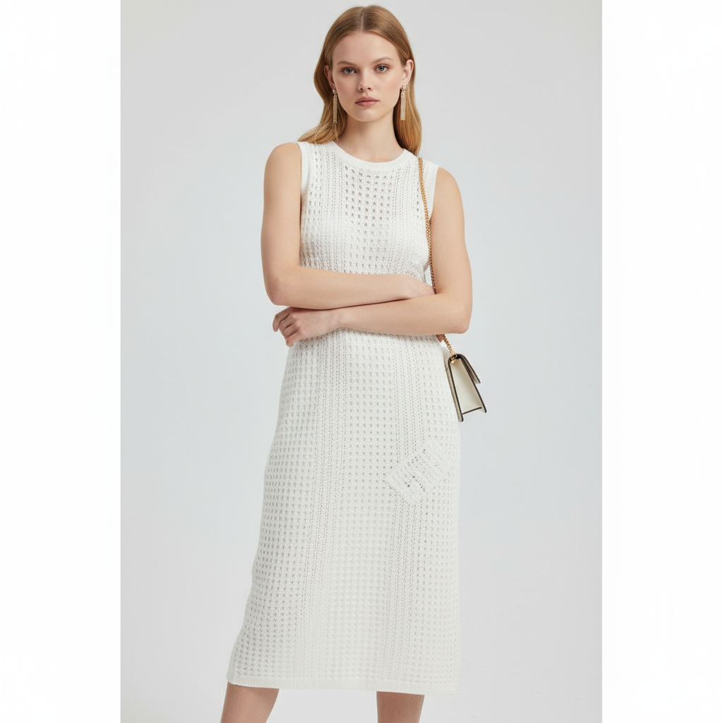 Женское белое ажурное трикотажное платье миди без рукавов - индивидуальный минималистичный элегантный дизайн