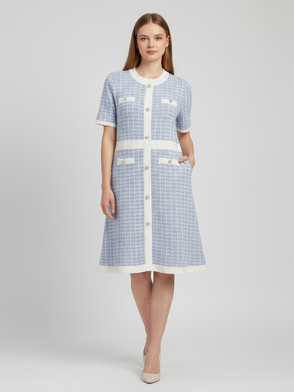 Женское светло-голубое твидовое платье миди в клетку с пуговицами спереди - классический элегантный дизайн на заказ
