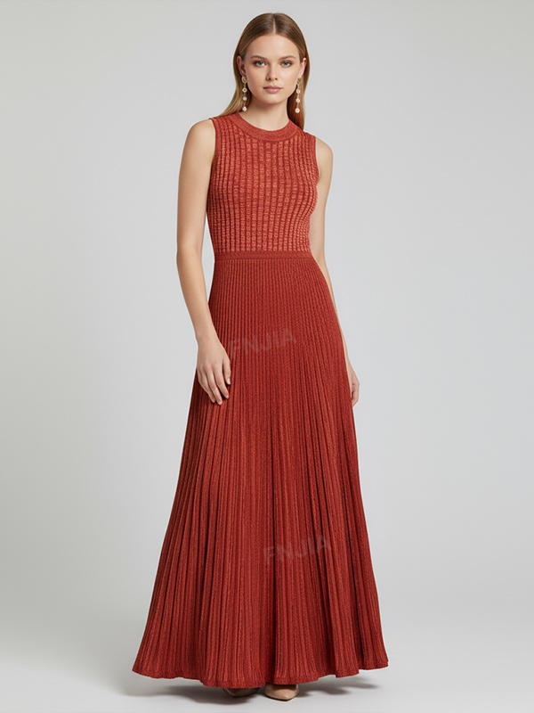 Женское макси-платье в рубчик без рукавов терракотового цвета с элегантным расклешенным дизайном на заказ