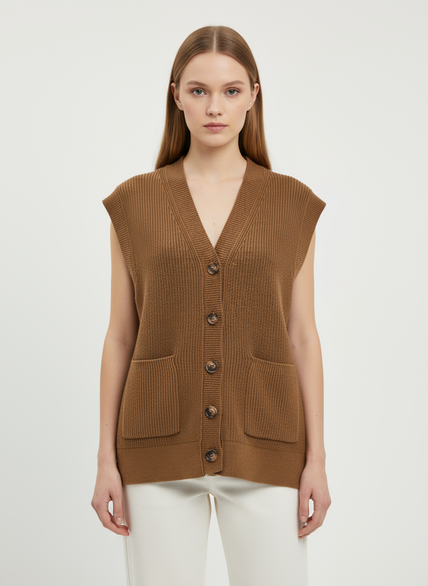 Женский жилет без рукавов в рубчик верблюжьего цвета с V-образным вырезом и пуговицами спереди - индивидуальный изысканный дизайн