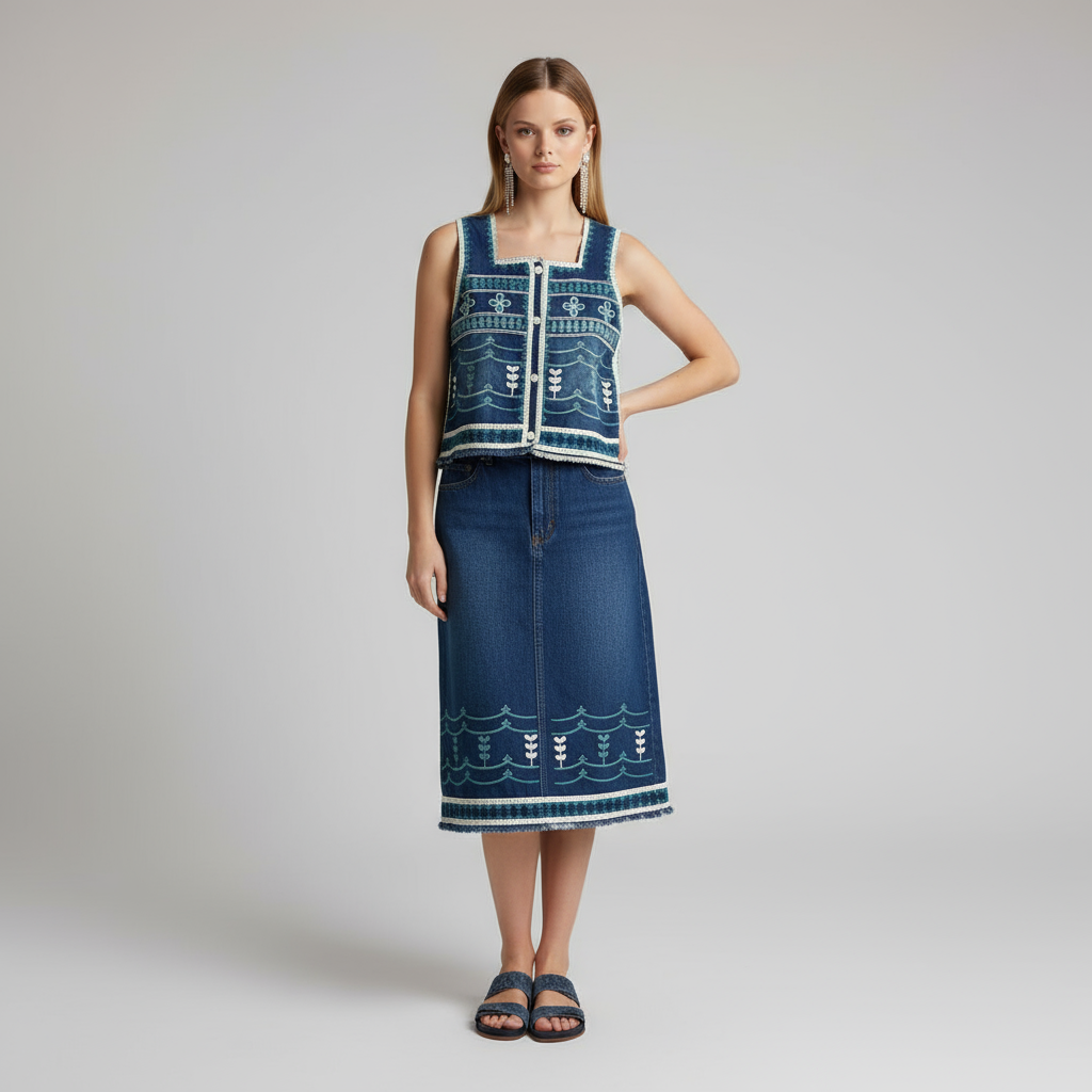 Женский жилет без рукавов с вышивкой цвета индиго - индивидуальный дизайн в народном стиле ручной работы