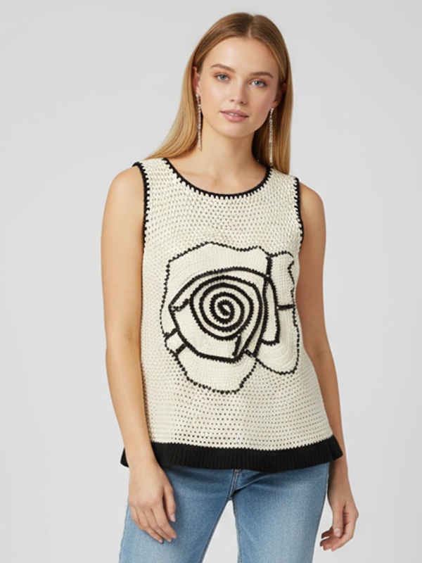 Женский вязаный топ без рукавов с розочками цвета слоновой кости, выполненный крючком по индивидуальному дизайну ручной работы