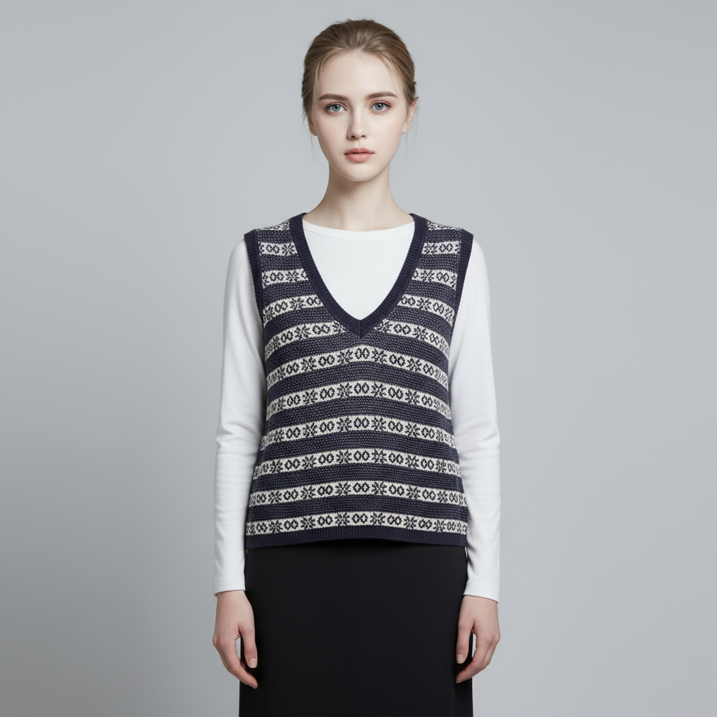 Женский вязаный топ без рукавов с V-образным вырезом и рисунком Fair Isle темно-синего цвета - индивидуальный элегантный дизайн