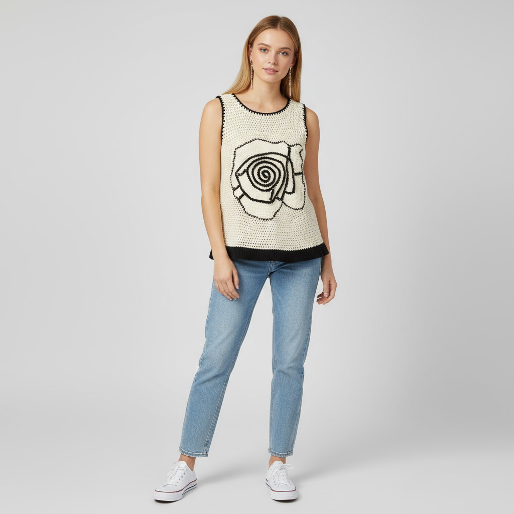 Женский вязаный топ без рукавов с розочками цвета слоновой кости, выполненный крючком по индивидуальному дизайну ручной работы